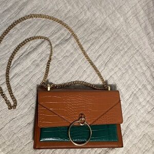 Express Green & Brown Faux Leather Bag with Gold Chain